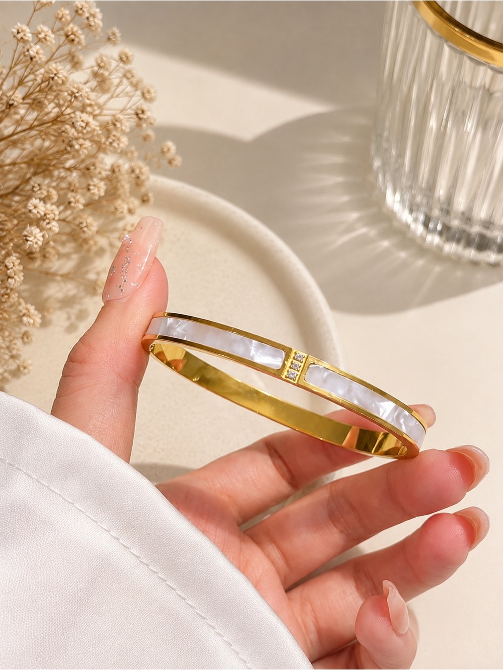 ✨ 18K Gold Plated Mother of Pearl Bangle Bracelet | Waterproof